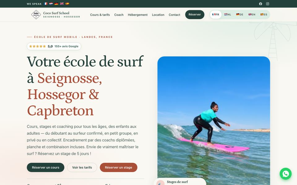 Page d’accueil de Coco Surf School